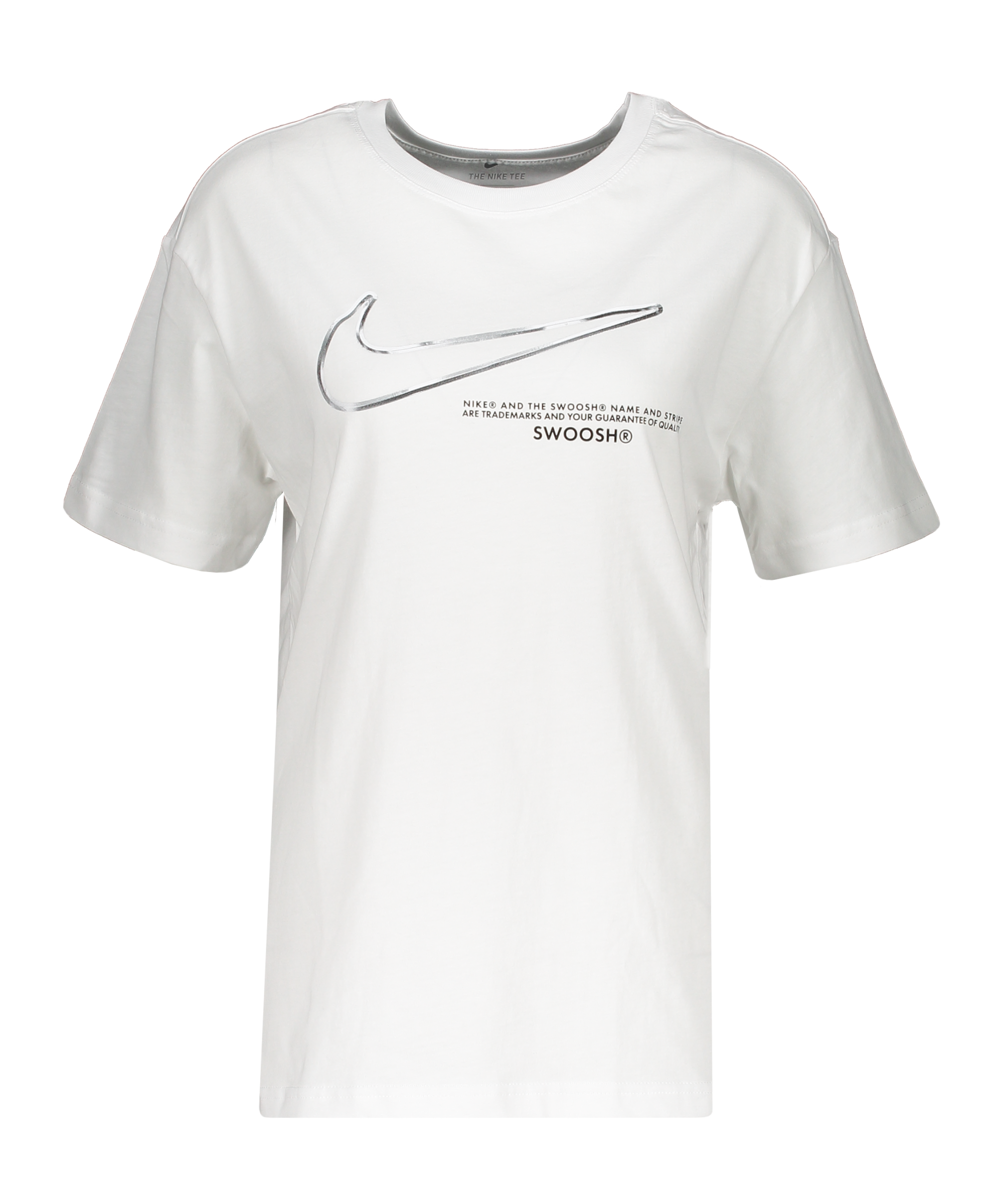 white nike shirt with silver swoosh